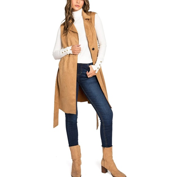 Love Tree Faux Suede Light Layering Trench Vest Women's Tan Sleeveless Coat - Picture 2 of 5